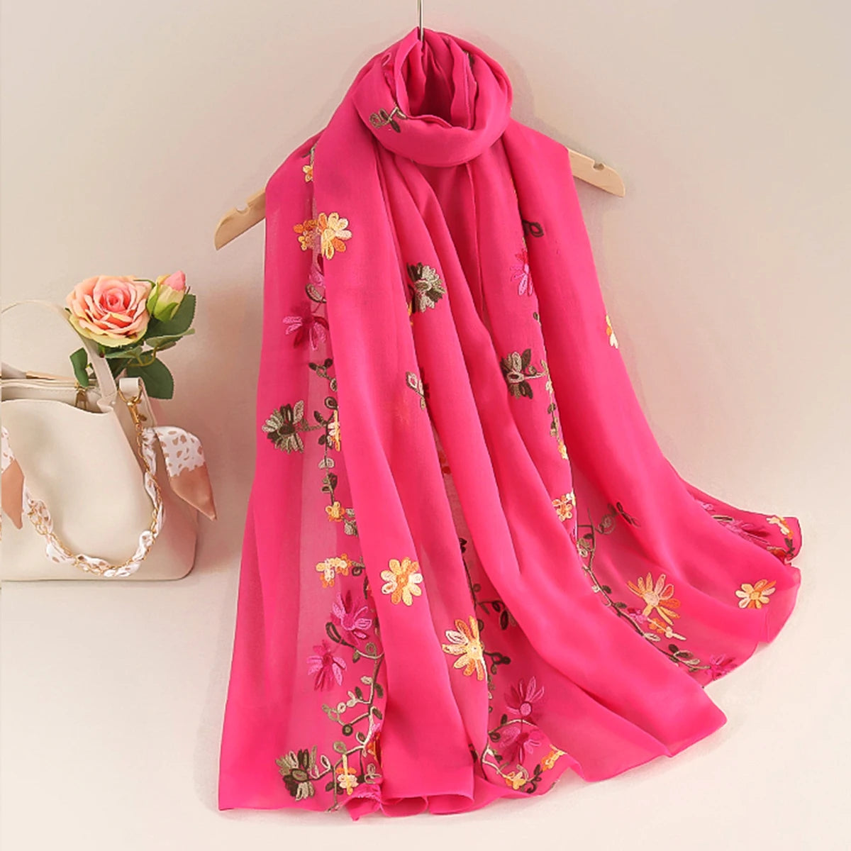 Women’s Cotton Linen Style Embroidered Scarf Shawl – Lightweight Floral Travel Wrap Rose Red Bazaare Mart Silk Scarf