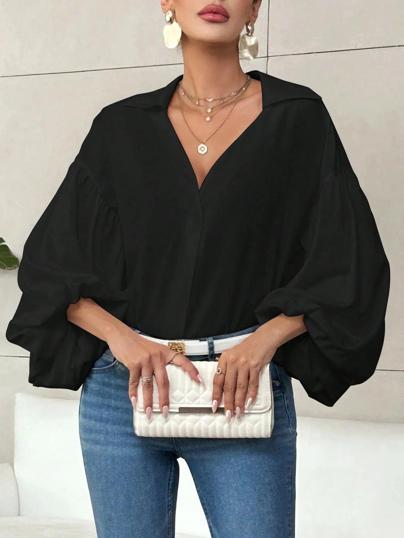 Women's Boho Polka Dot Blouse | French-Inspired Puff Sleeve Casual Top Black Bazaare Mart 3/4 Puff Sleeve V-Neck Blouse