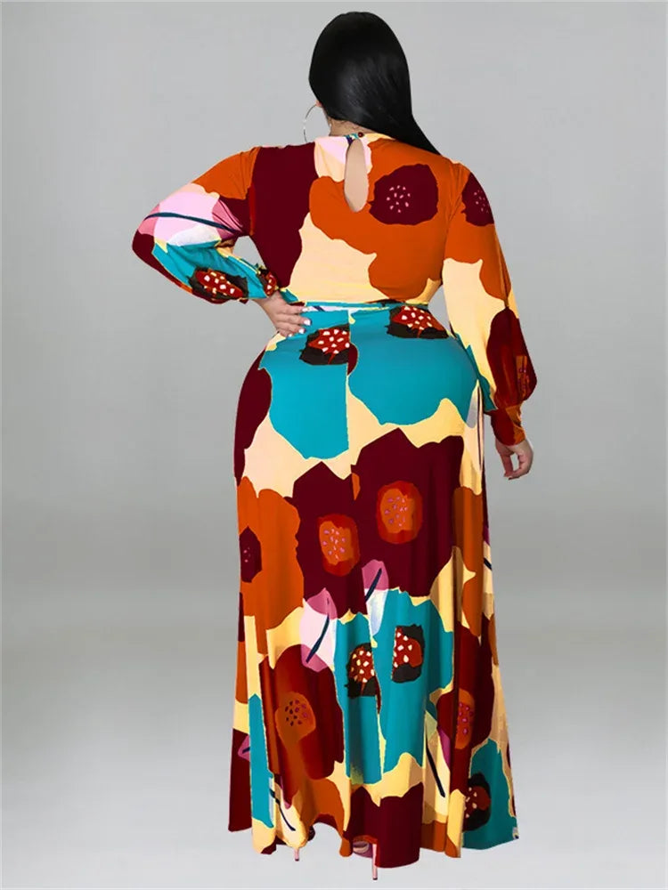 Colorful Long Sleeve Large Print Flower Maxi Dress Bazaare Mart Colorful Long Sleeve Large Print Flower Maxi Dress