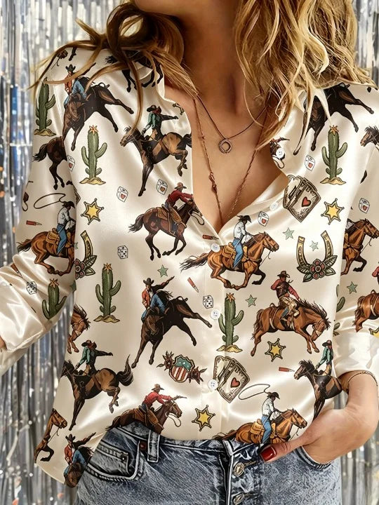 Cowboy Printed Lapel Collar Long Sleeve Button Up Western Shirt