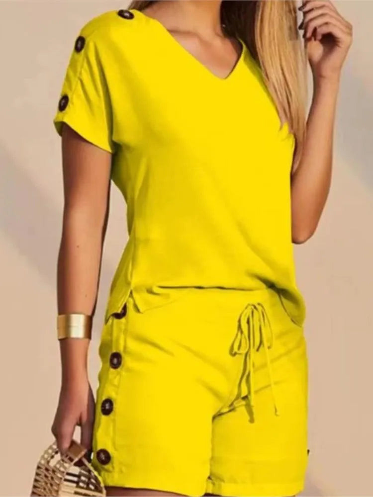 Women's V-Neck Top & Drawstring Shorts Set – Casual Summer Two-Piece Outfit, Sizes S-3X Bazaare Mart Shorts Set