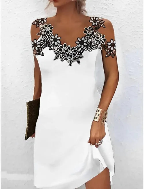 Women's Lace Cold Shoulder Summer Dress | Elegant V-Neck A-Line Sleeveless Dress Bazaare Mart Summer Dress