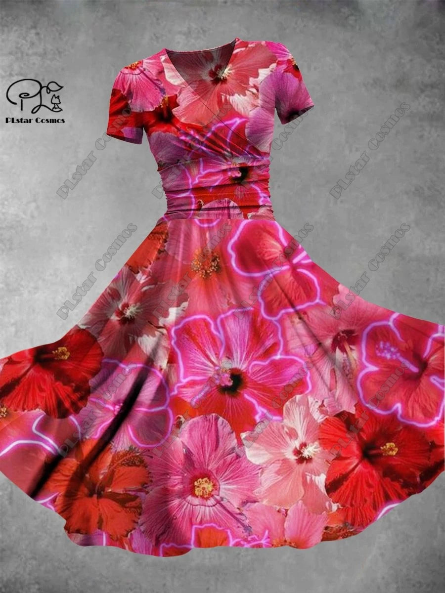 3D printed floral skirt Valentine's Day series printed V-neck short-sleeved dress A-line long skirt casual and fashionable -5 6 Bazaare Mart