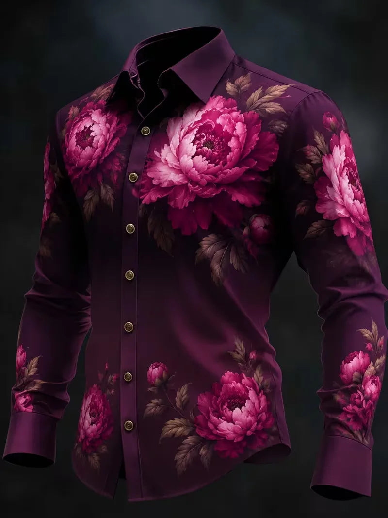 Men's Retro Floral Print Button-Up Shirt – Long Sleeve Bohemian Style