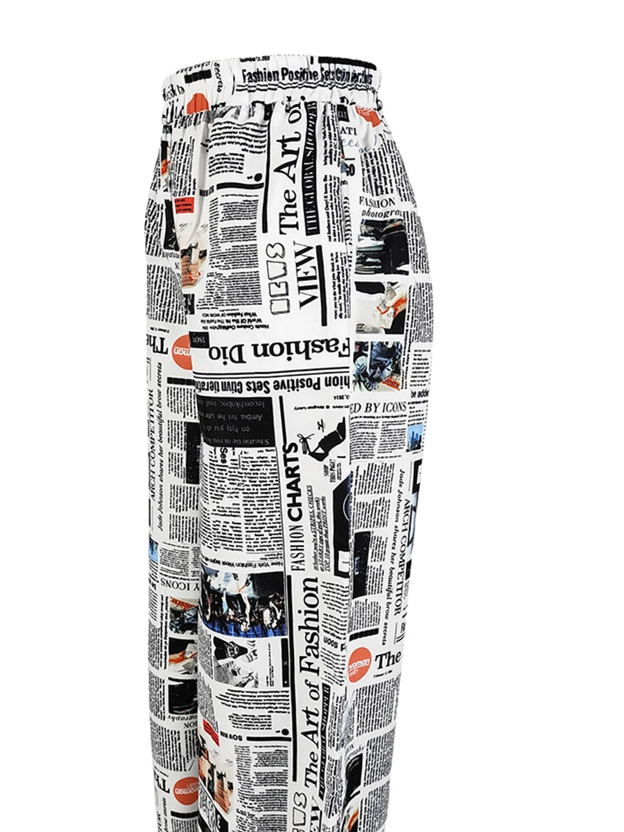 Vintage Newspaper Print Wide Leg Pants
