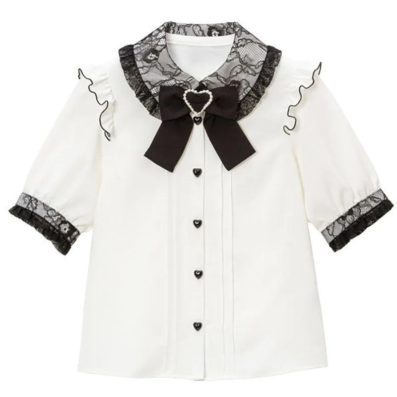 Women's Kawaii Lolita Blouse – Japanese-Inspired Peter Pan Collar Shirt with Lace & Bow Details 9 shirt Bazaare Mart Blouse