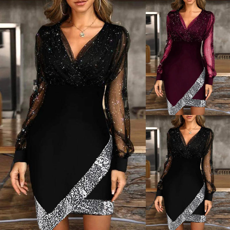 Deep V-neck Glitter Patchwork Asymmetric Dresses