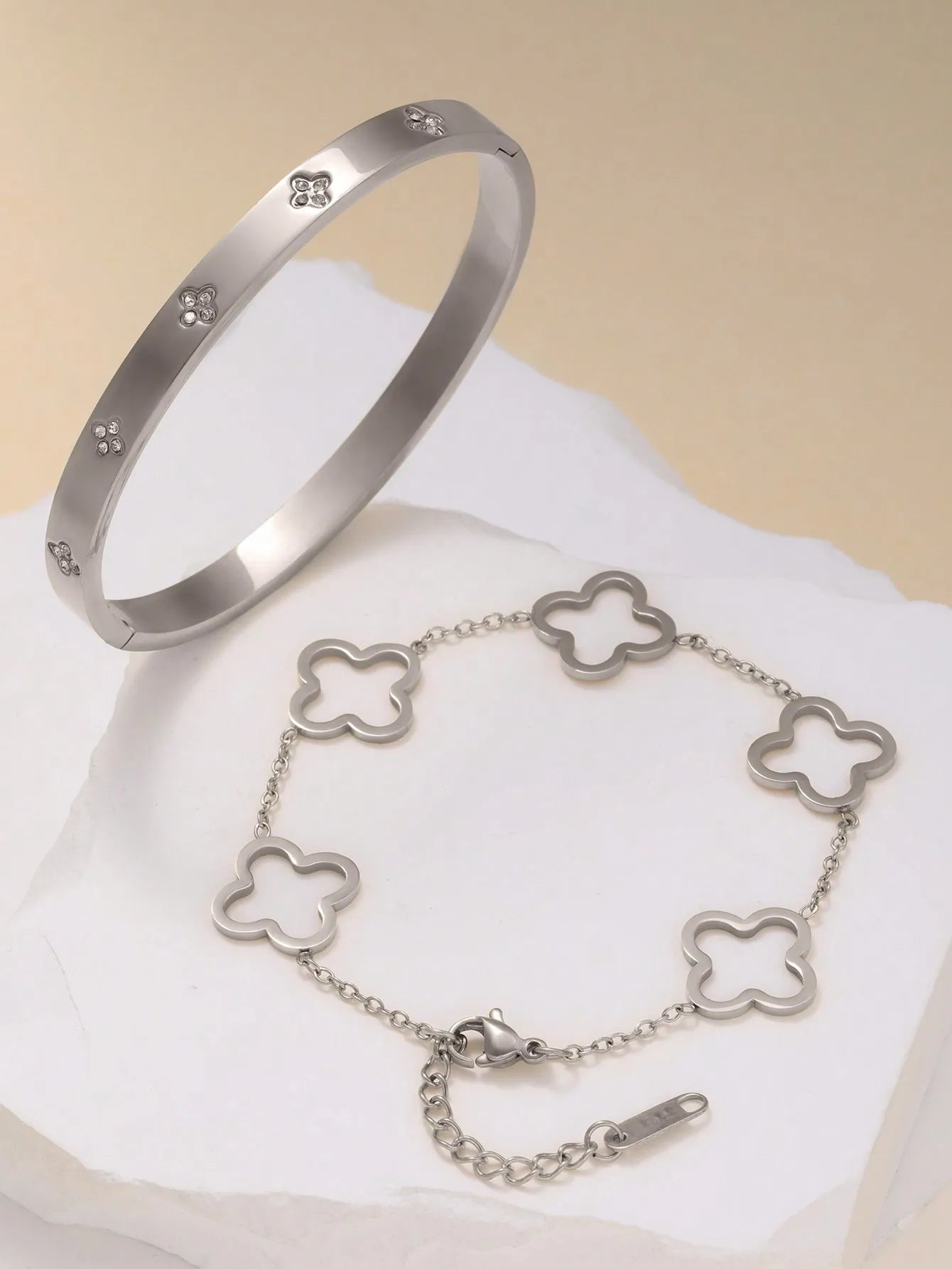 Stainless Steel Four Leaf Bracelet Set