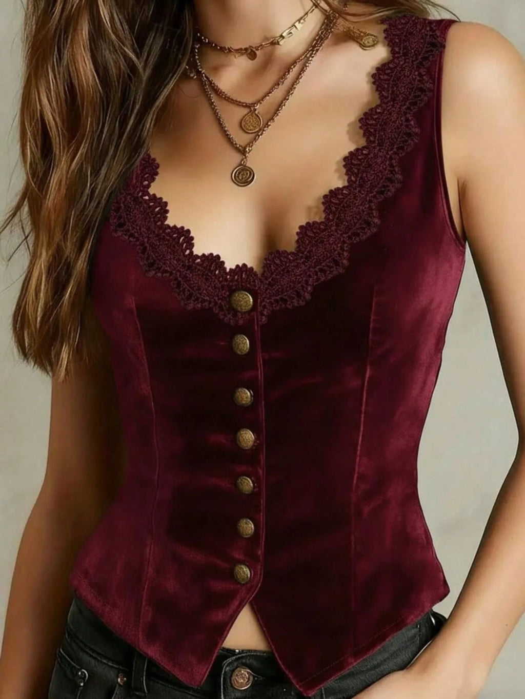 Women's V-Neck Velvet Vest with Lace Trim and Button Design