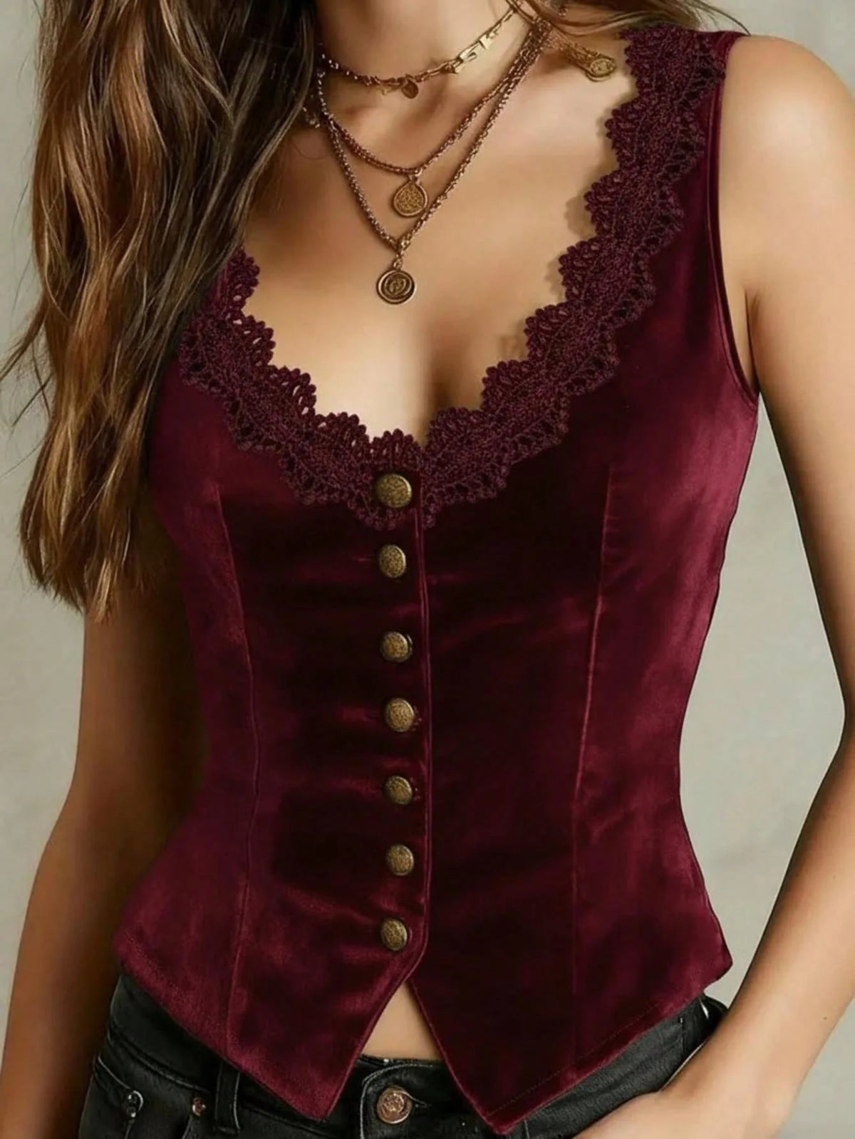 Women's V-Neck Velvet Vest with Lace Trim and Button Design
