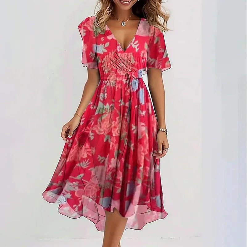 Elegant Floral Surplice Midi Dress red Bazaare Mart Surplice Midi Dress
