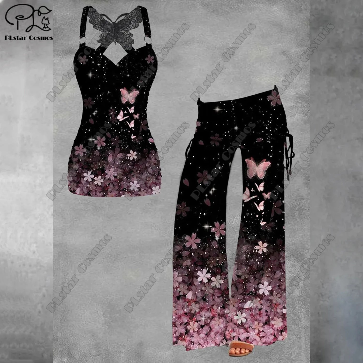 PLstar Cosmos 2023 new 3D printing women's literary rainbow butterfly vest + wide-leg pants two-piece set H1 2 Bazaare Mart