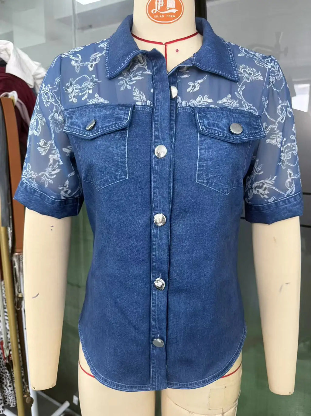 Denim Shirt with Sheer Floral Embroidered Mesh Sleeves