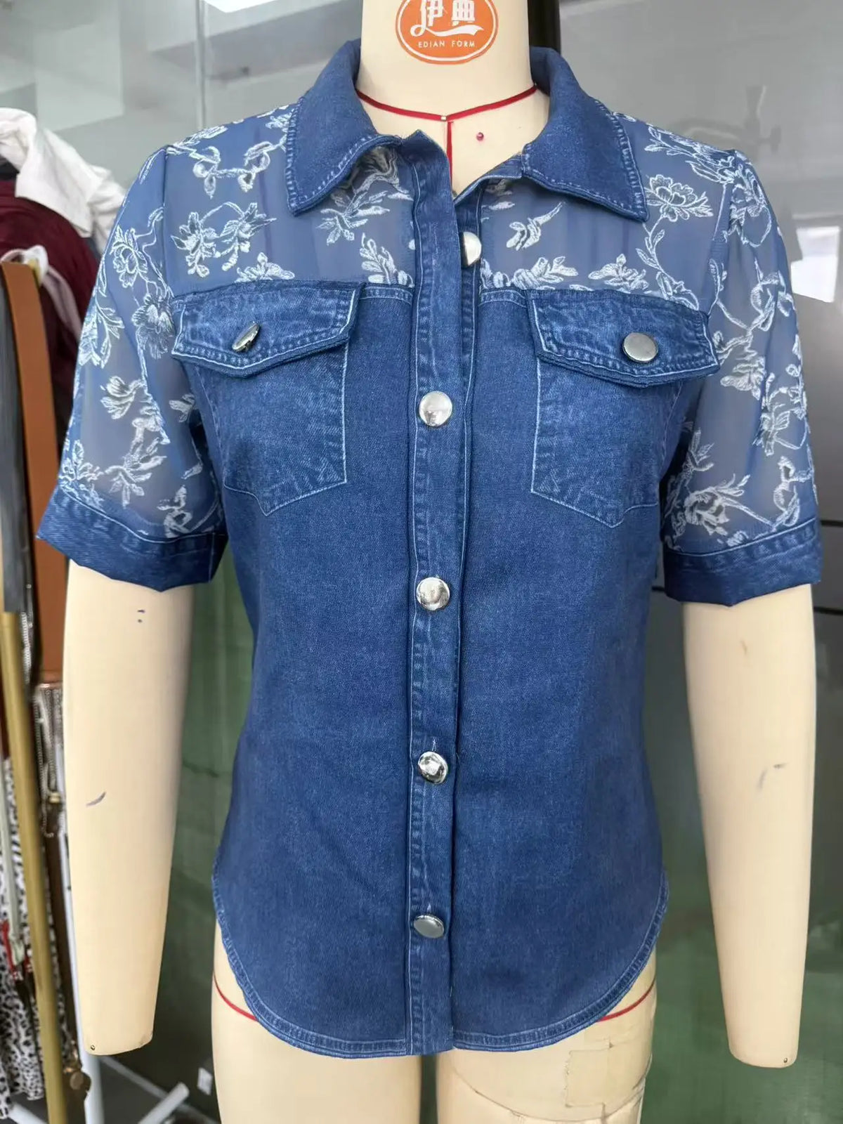 Denim Shirt with Sheer Floral Embroidered Mesh Sleeves