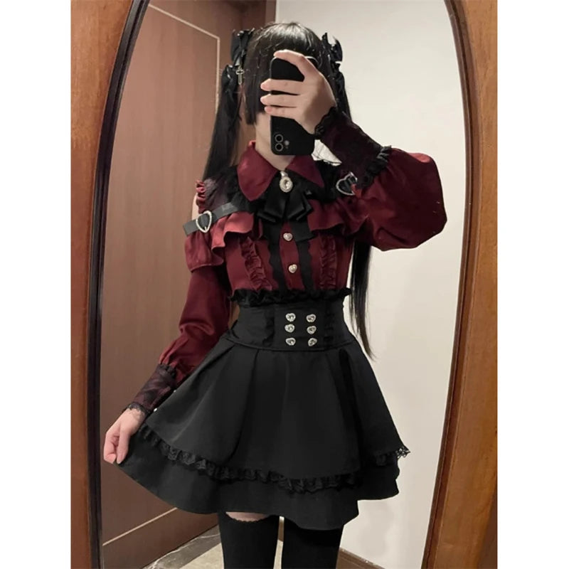 Jirai kei Shirt JK Skirt Japanese Style Lolita Y2K Sweet School Uniform Blouse Top Dress Darkness Outfit Women Girls Theme Party Dark Red Set Bazaare Mart