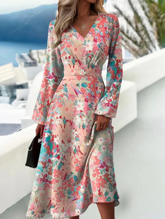 Slim Fit Printed V-neck Long Sleeve Dress Bazaare Mart Long Sleeve Midi Dress