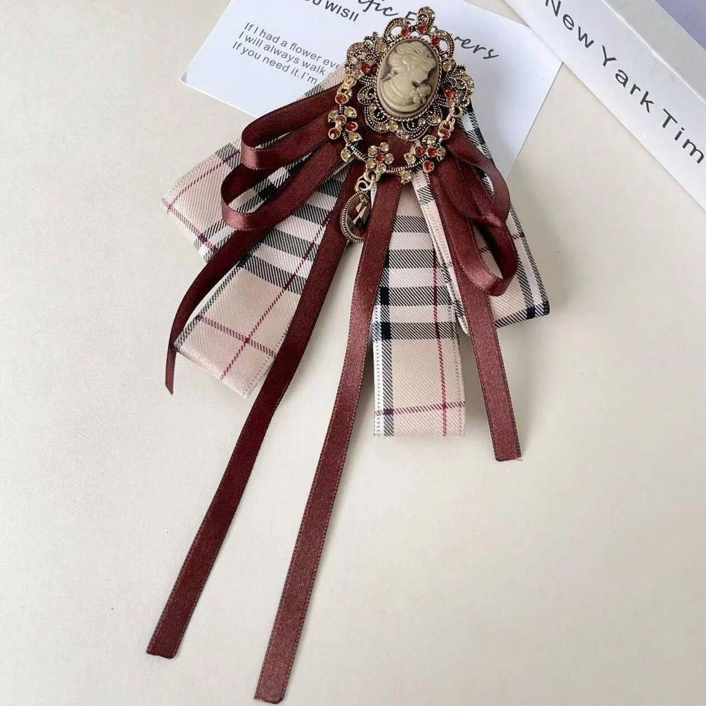 Women's Vintage Plaid Cameo Bow Tie Bazaare Mart Lady's Bowtie