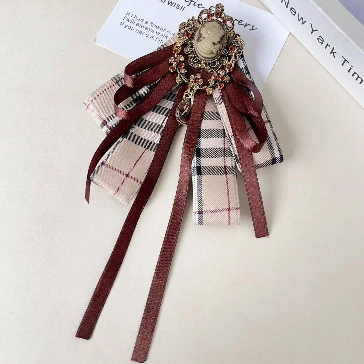 Women's Vintage Plaid Cameo Bow Tie Bazaare Mart Lady's Bowtie