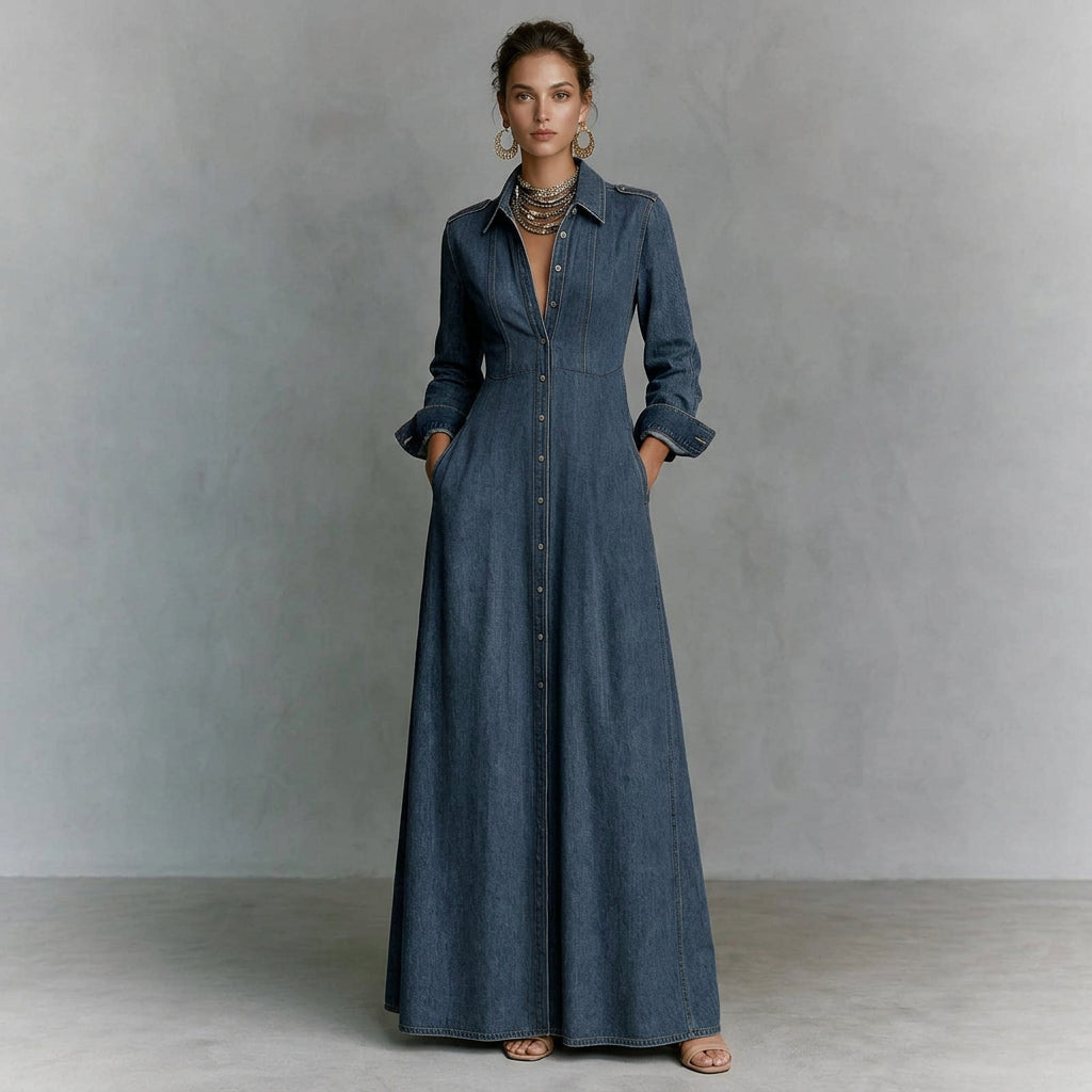 Vintage Dark Denim Maxi Shirt Dress – Long Sleeve Button-Front A-Line Dress