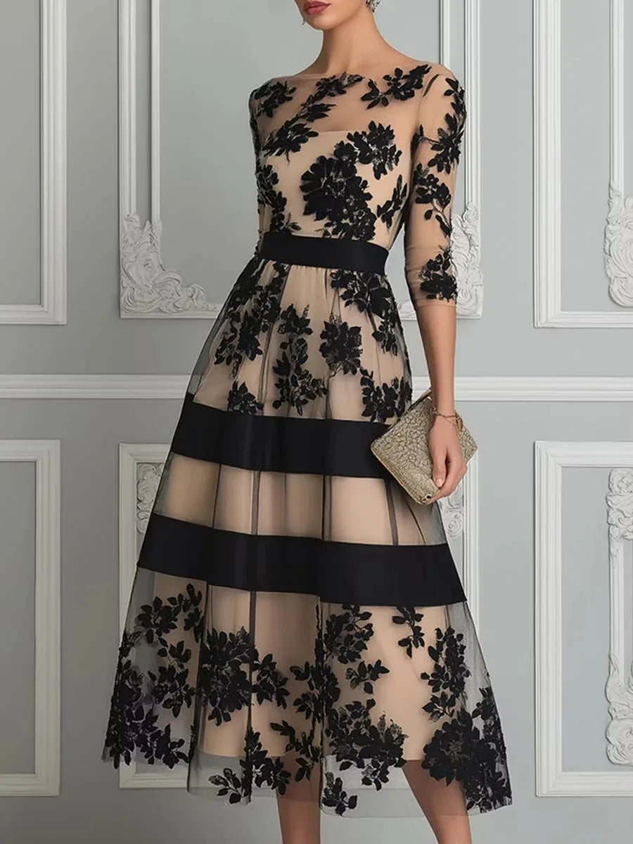 Elegant Black Floral Flocked Tulle Midi Dress – 3/4 Sleeve A-Line Evening Party Dress