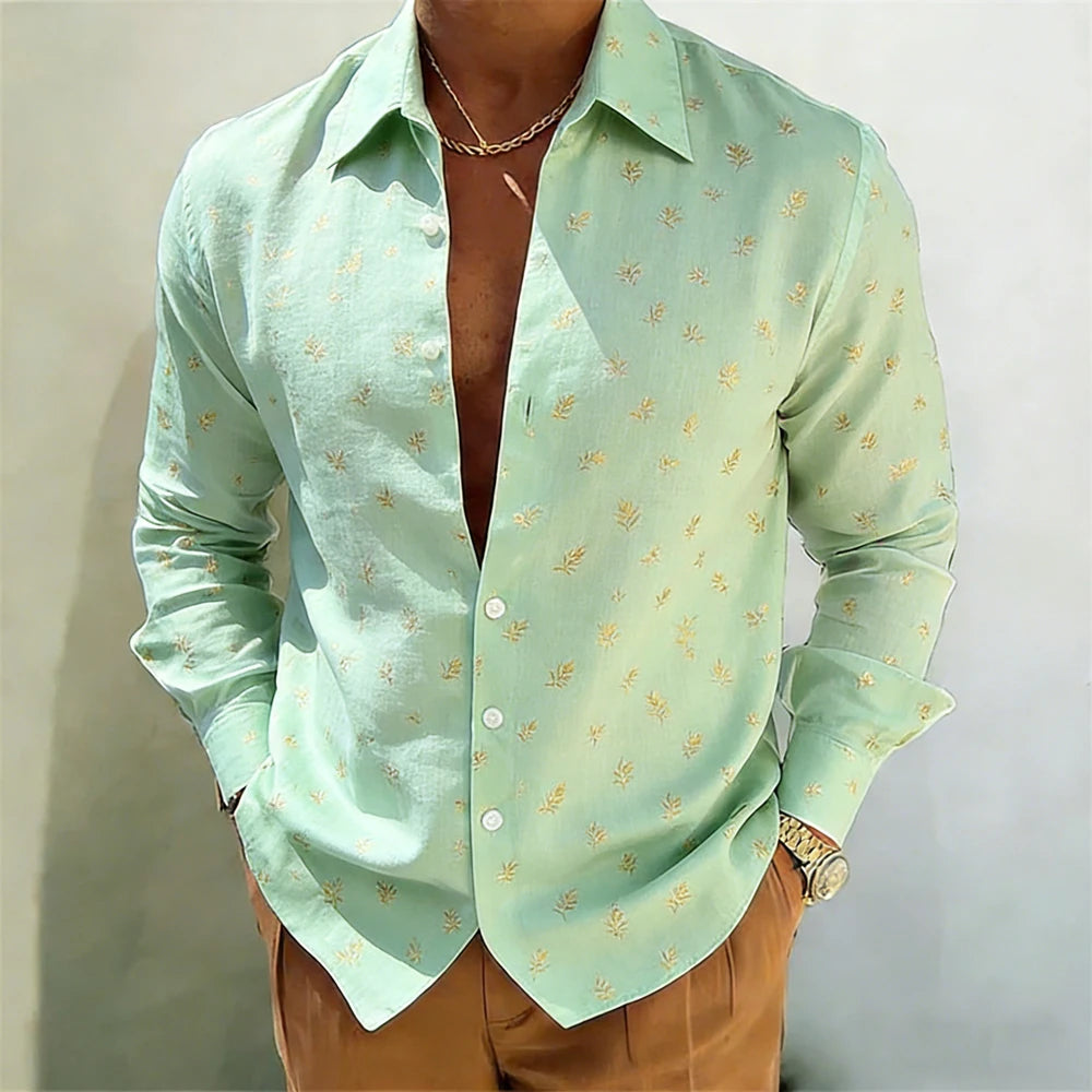 Men's Gold Baroque Print Button-Up Shirt – Long Sleeve Statement Shirt