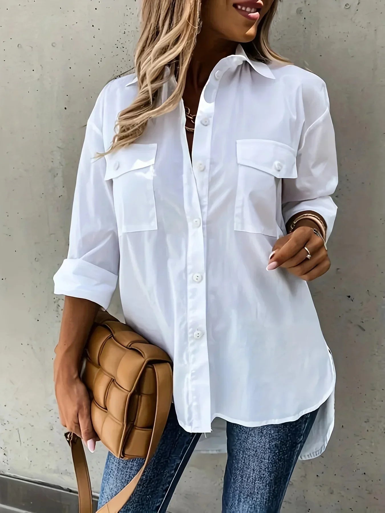 Solid Color Long Rolled Sleeve Button Up Shirt