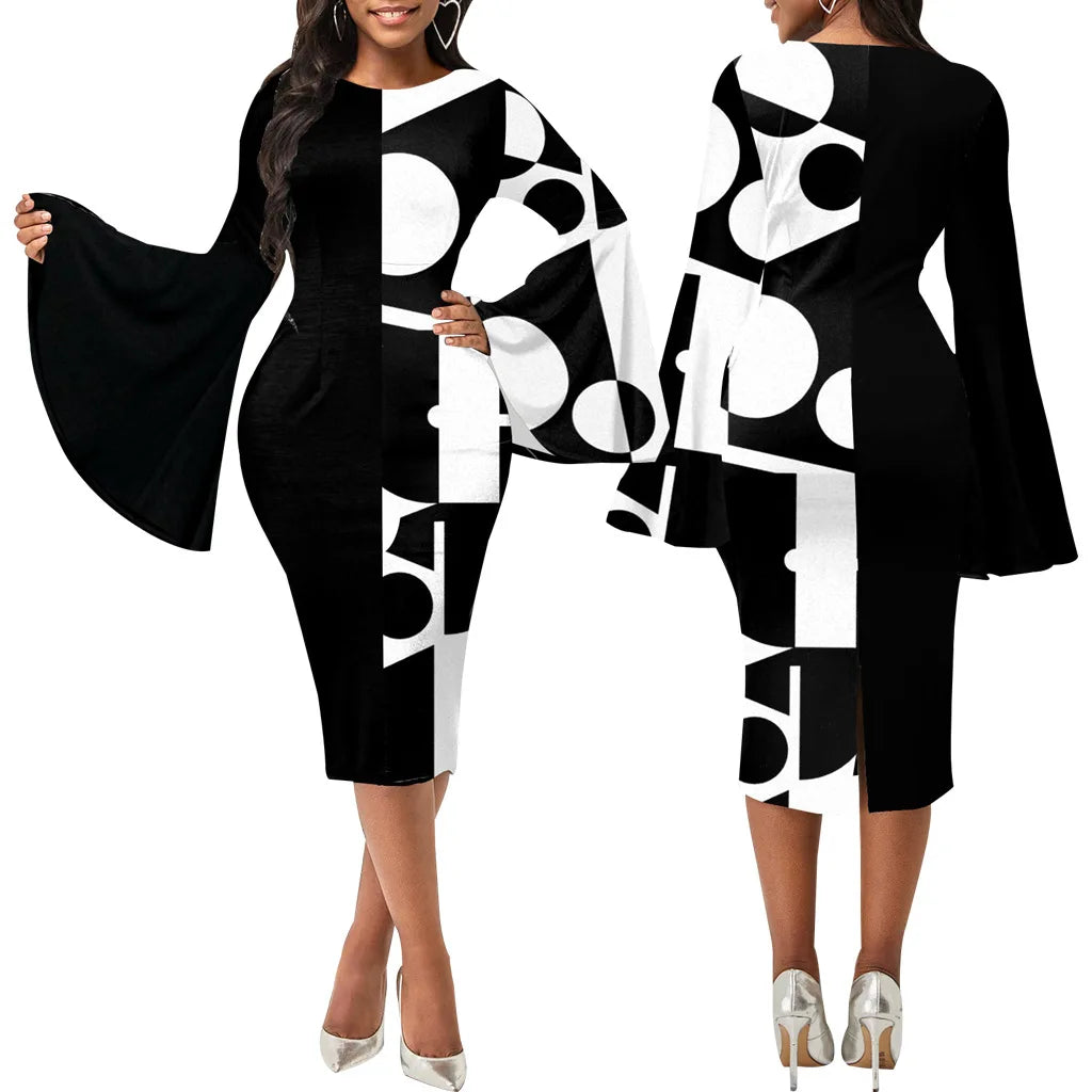 B&W Elegant Geo Print Party Dress