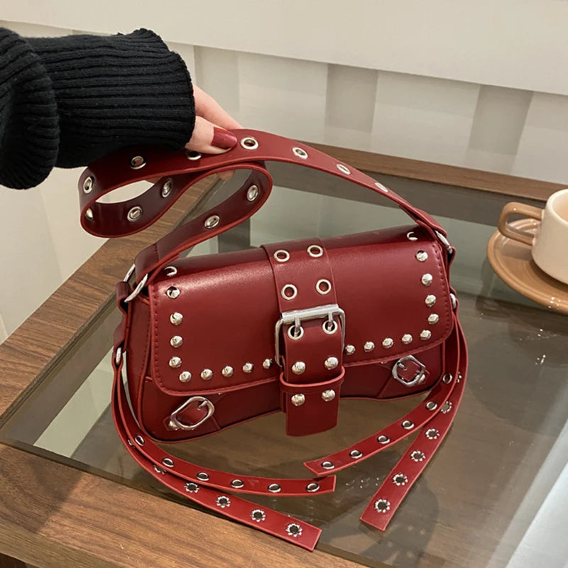 Studded Baguette Shoulder Bag – Faux Leather Punk Rock Shoulder Purse with Buckle & Rivet Details Bazaare Mart Shoulder Purse