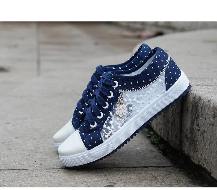 Unique Hollow Mesh Polka Dot Denim Sneakers