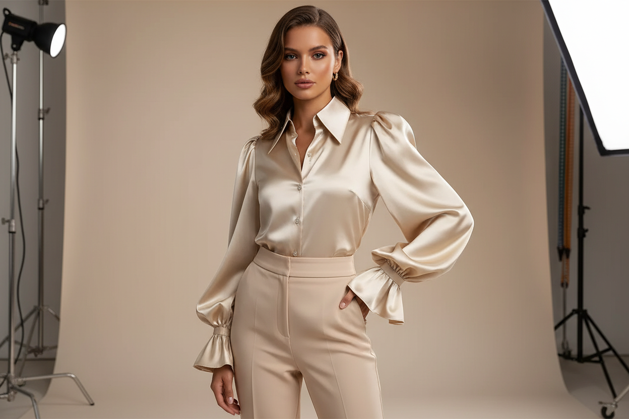 Fancy Satin Ruffled Cuff Long Puffed Sleeves