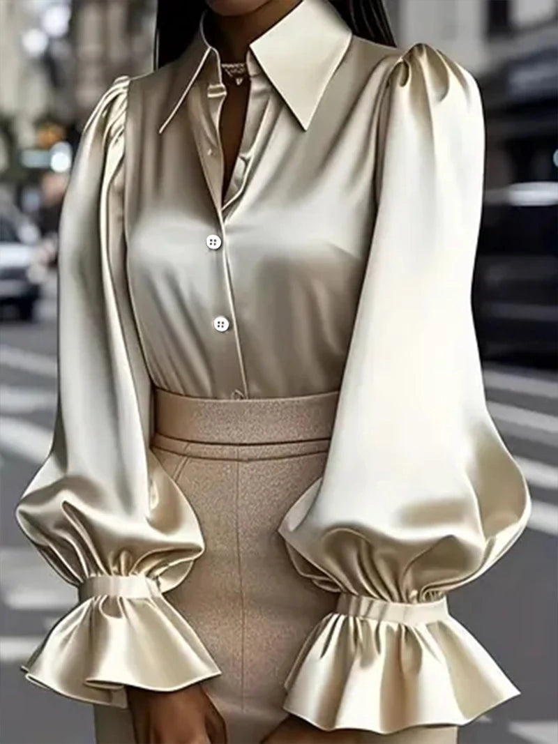 Fancy Satin Ruffled Cuff Long Puffed Sleeves Bazaare Mart Long Sleeve Button Up Blouse