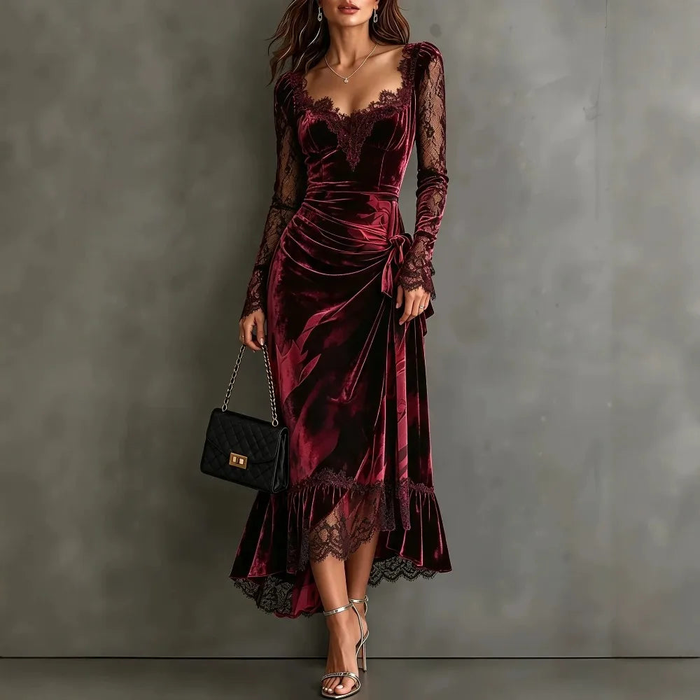 Burgundy Velvet Lace-Trim Fishtail Midi Dress