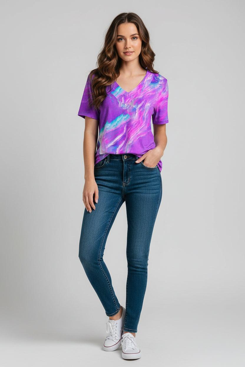 Tie Dye Casual Short Sleeve V-Neck Tops VAZHD20251813H Bazaare Mart Colorful Top