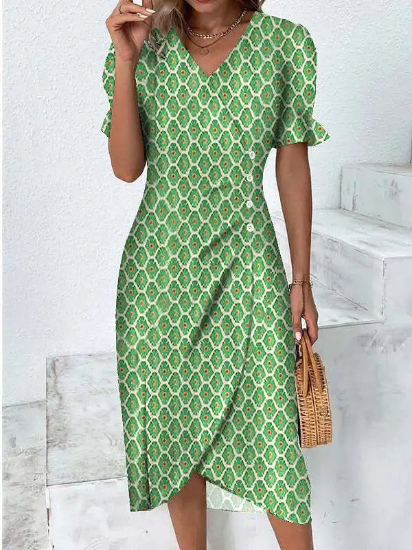 Elegant Printed Puff Sleeve V-neck Wrap Dress