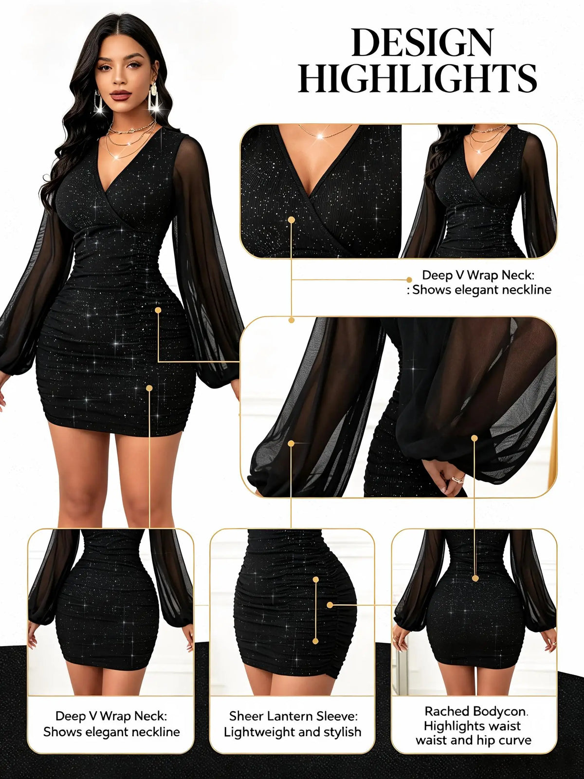 Women's Black Sequin Mini Dress with Sheer Mesh Sleeves – Ruched Bodycon Party Dress