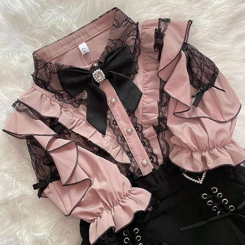 Women's Kawaii Lolita Blouse – Japanese-Inspired Peter Pan Collar Shirt with Lace & Bow Details Bazaare Mart Blouse
