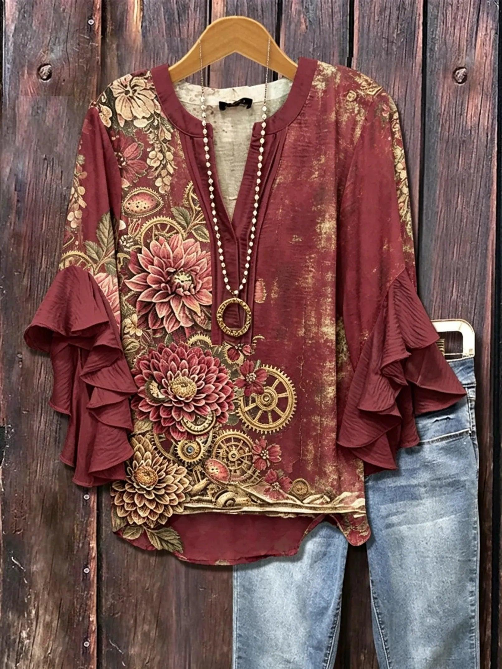Women's Steampunk Floral Print V-Neck Ruffle Sleeve Blouse | Vintage Botanical Casual Top HCHLD20263019G Bazaare Mart Floral Blouse