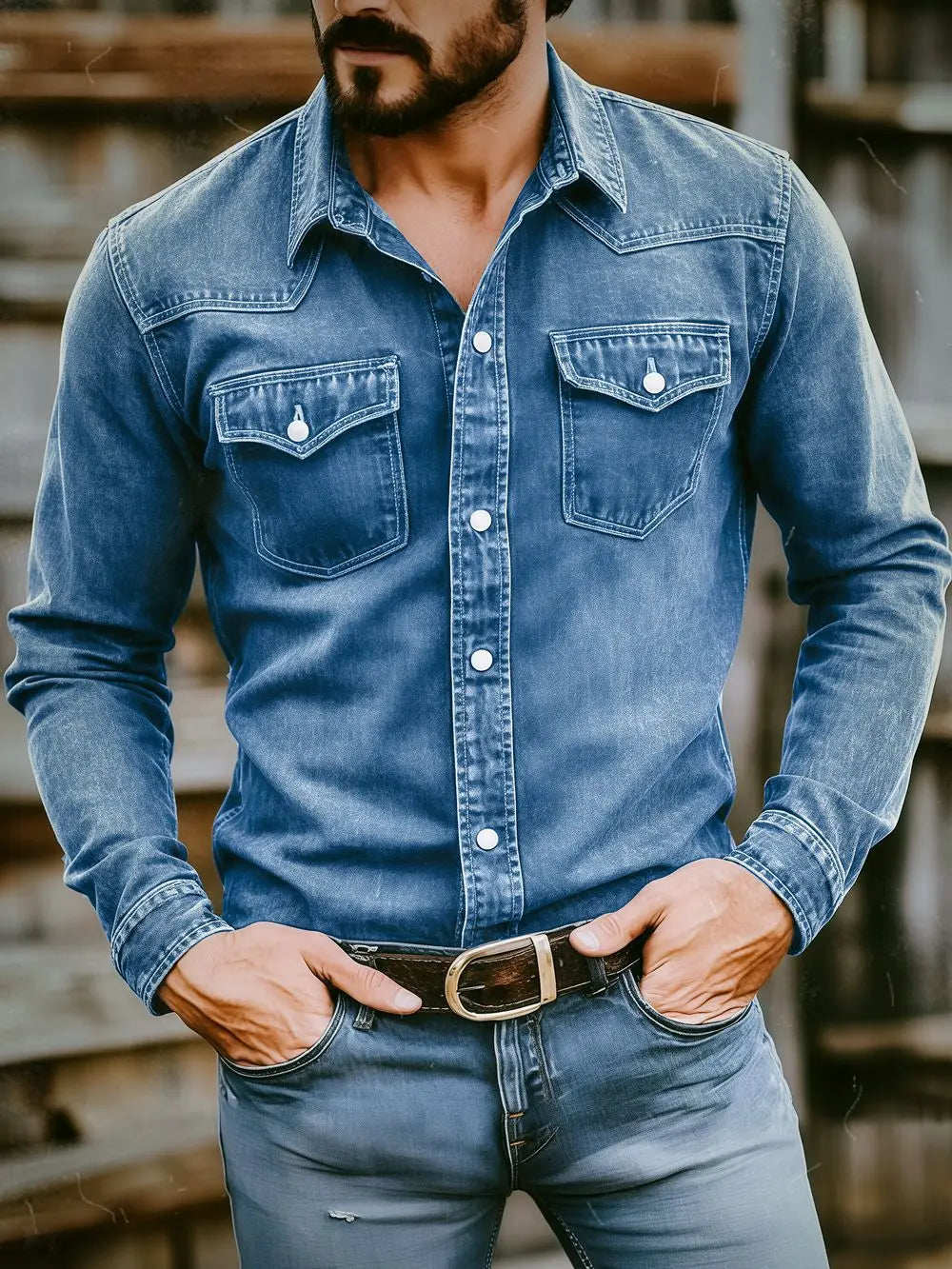 Men's Vintage Washed Denim Button Up Shirt