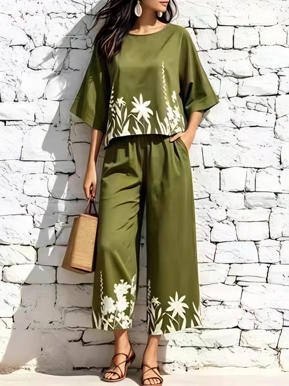 Floral Two-Piece Set with Wide-Leg Pants