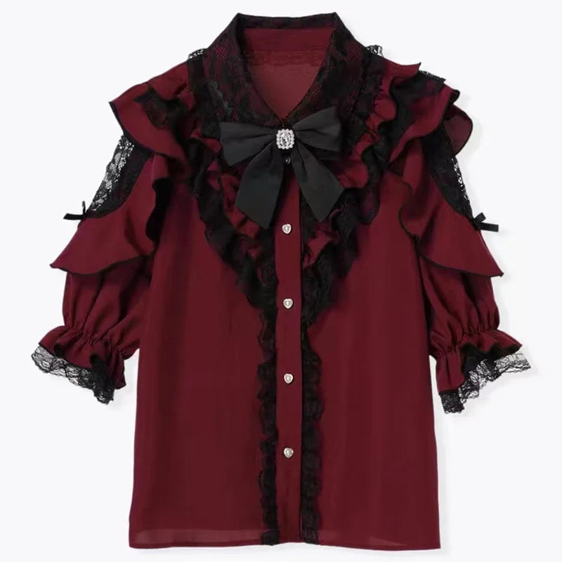Women's Kawaii Lolita Blouse – Japanese-Inspired Peter Pan Collar Shirt with Lace & Bow Details Bazaare Mart Blouse