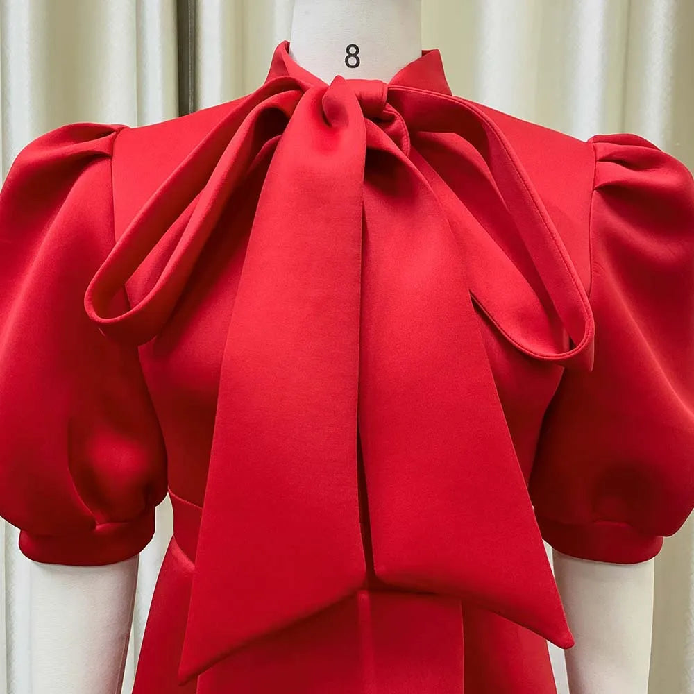 Elegant Solid Color Bow Short Puff Sleeve Full Skirt Midi Dress