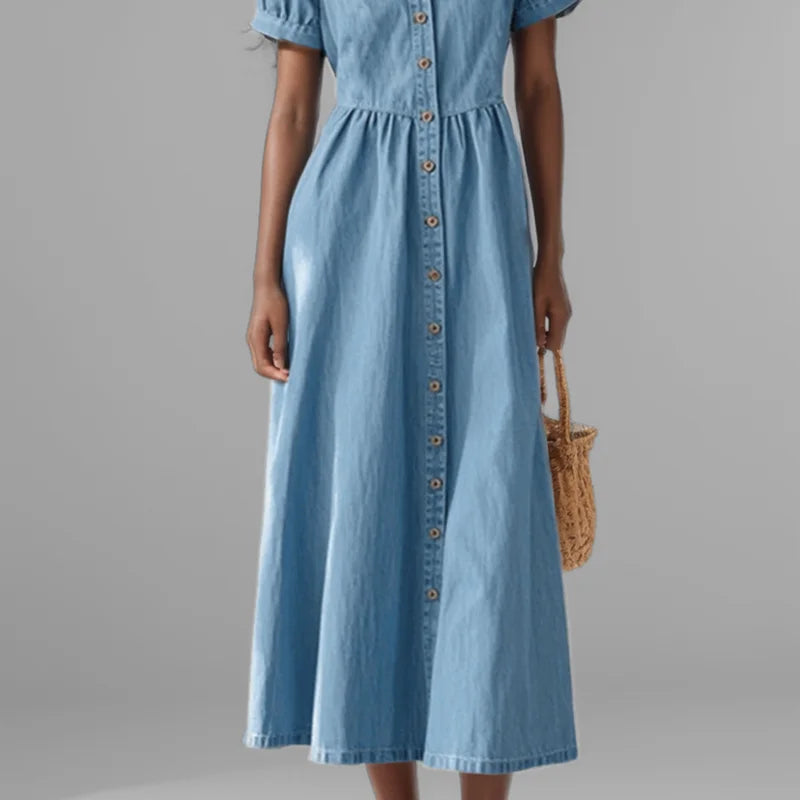 Blue Denim Midi Dress – V-Neck Button-Front Dress with Short Puff Sleeves