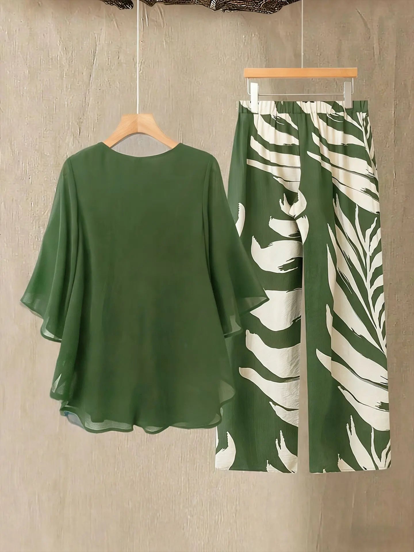 Women's Chiffon Overlay Top & Tropical Leaf Print Wide Leg Pants 2 Piece Set | Elegant Summer Resort Outfit Bazaare Mart 2 pc. Pants Outfit