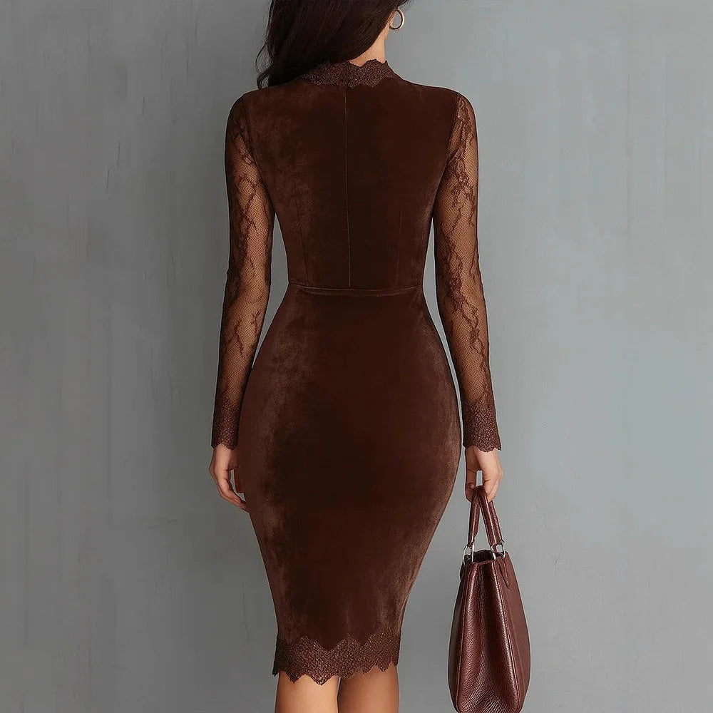 Velvet-Look Bodycon Midi Dress with Sheer Lace Sleeves – Elegant Slim-Fit Evening Dress