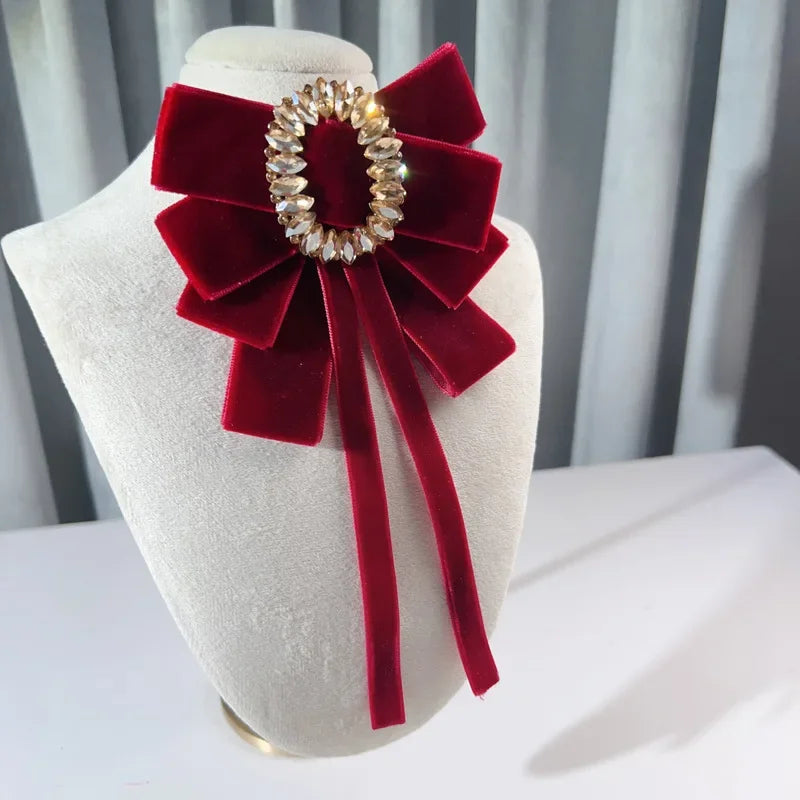 Elegant Retro Velvet Crystal Double Bow Brooches Wine Red Bazaare Mart Velvet Crystal Double Bow Brooches