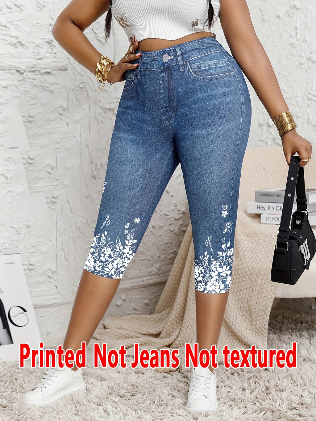 Women's Faux Denim Print Capri Leggings – High Waist Stretch Cropped Leggings with Floral Detail Bazaare Mart Capris Faux Denim Leggings