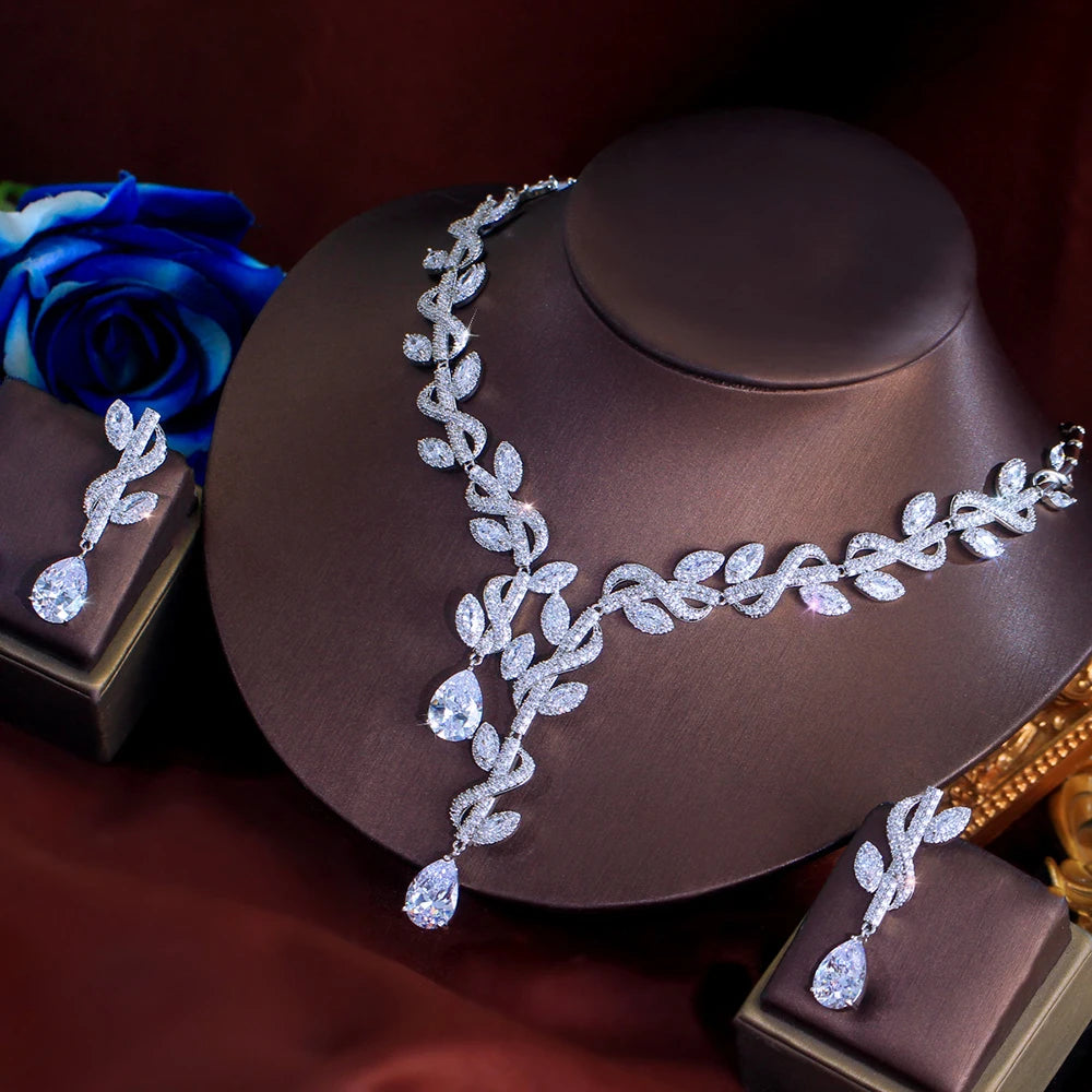Water Drop Zirconia Leaf Bridal Jewelry Set Bazaare Mart Water Drop Zirconia Leaf Bridal Jewelry Set