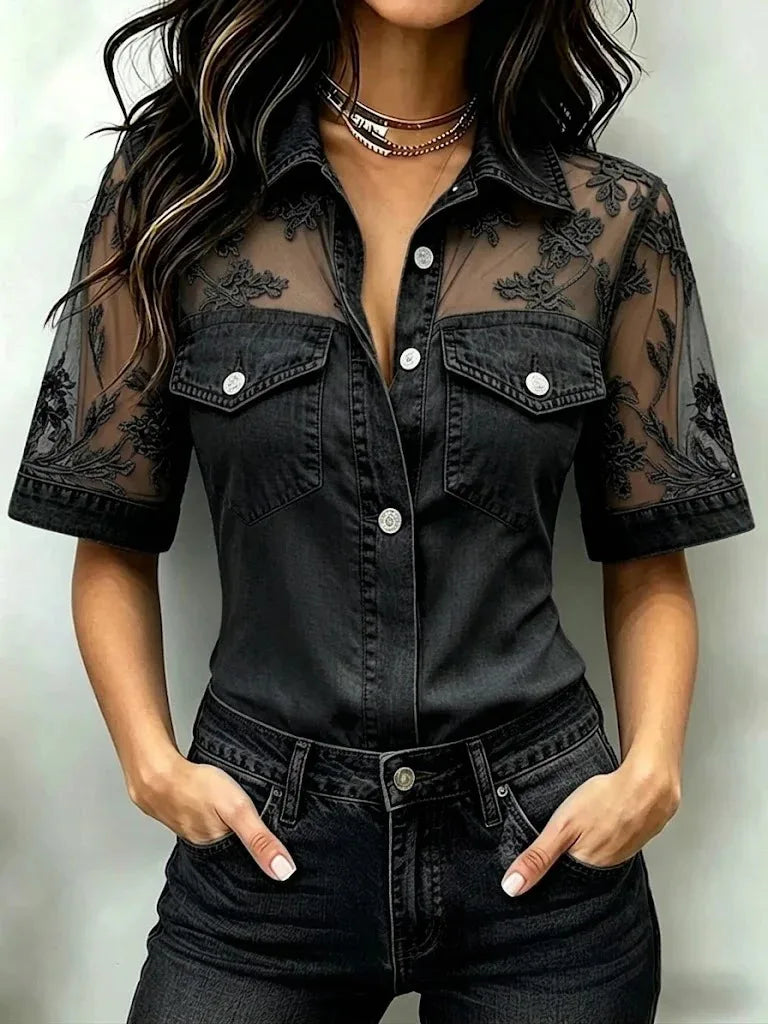 Denim Shirt with Sheer Floral Embroidered Mesh Sleeves