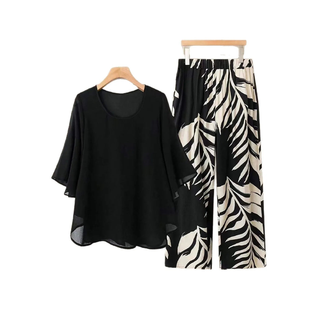 Women's Chiffon Overlay Top & Tropical Leaf Print Wide Leg Pants 2 Piece Set | Elegant Summer Resort Outfit Bazaare Mart 2 pc. Pants Outfit