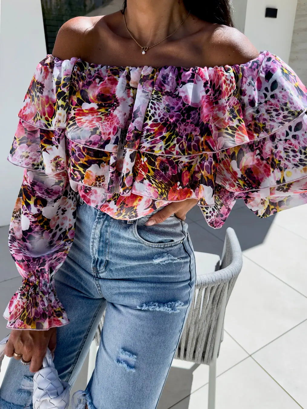 Off Shoulder Ruffle Long Sleeve Floral Blouse MULTI Bazaare Mart Long Sleeve Bardot Blouse